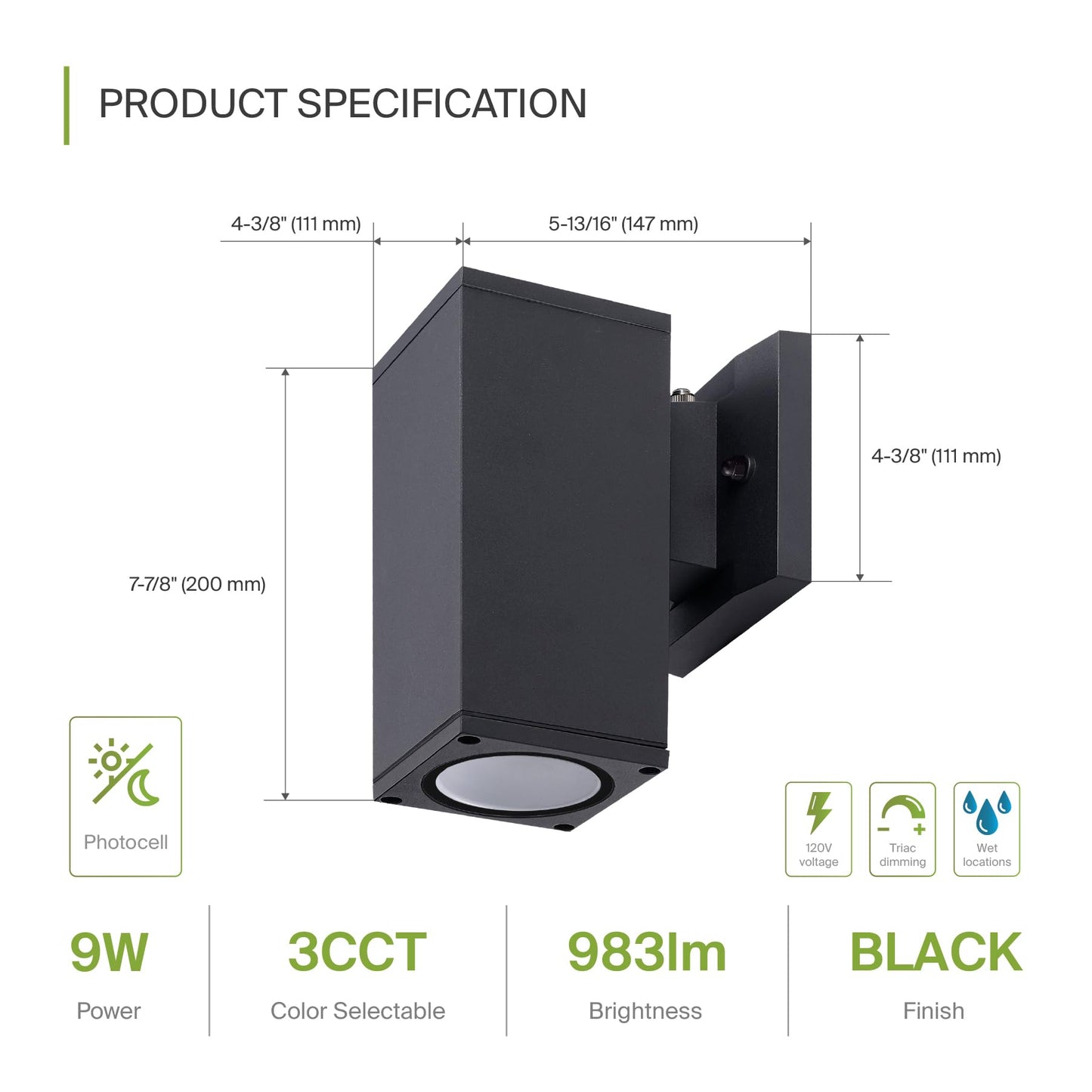 ASD 1 Light Square Dusk to Dawn LED Outdoor Wall Light Fixture | 9W 1000LM 3000K-5000K 120V Cylinder Up Down Lights | Exterior Wall Sconce | Front