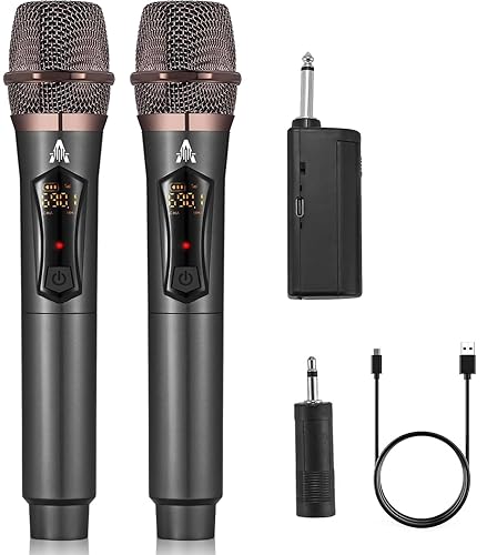 ALPOWL Wireless Microphones, Metal Dynamic Microphone System with Rechargeable Receiver, 50H Duration, 200ft Range, Microphone for Karaoke Singing