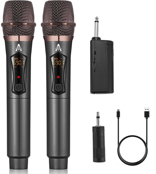 ALPOWL Wireless Microphones, Metal Dynamic Microphone System with Rechargeable Receiver, 50H Duration, 200ft Range, Microphone for Karaoke Singing