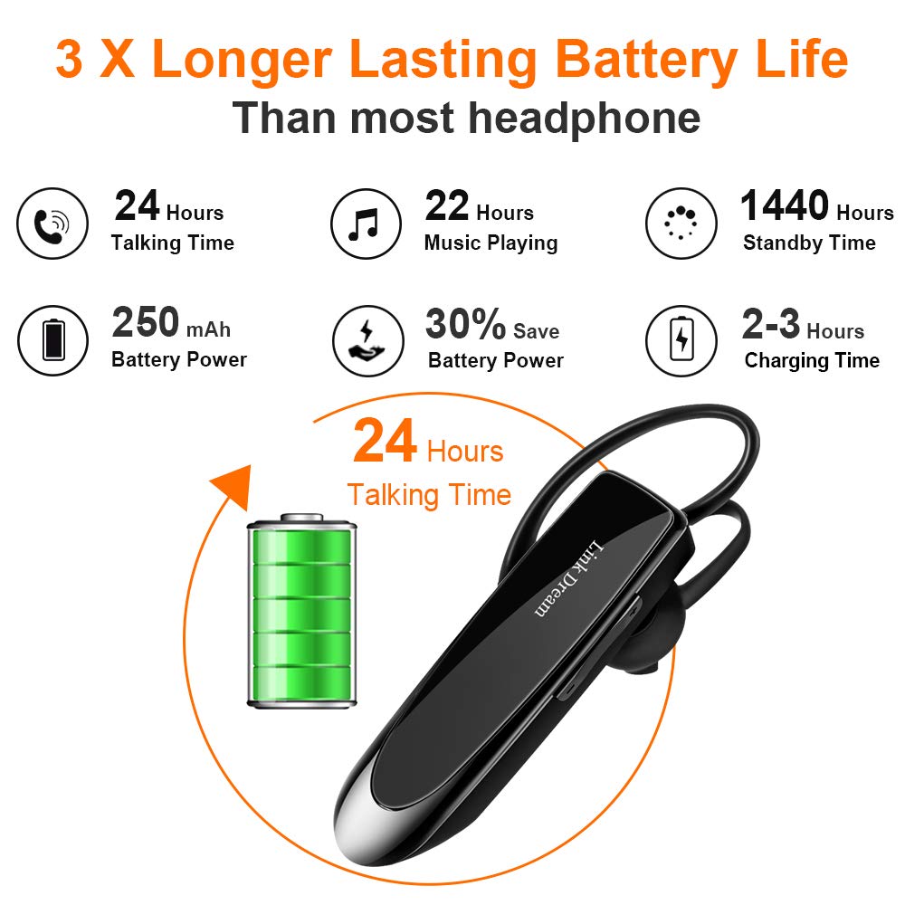 Link Dream Bluetooth Earpiece for Cell Phones Wireless V5.0 Hands Free Headset Noise Canceling Mic 24Hrs Talking 1440Hrs Standby Compatible
