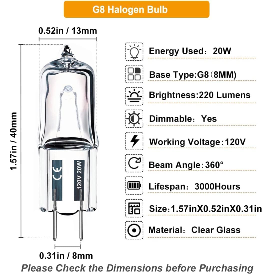 Vinaco G8 Halogen Bulb 20W 120V 2800K for Under Cabinet Puck Light