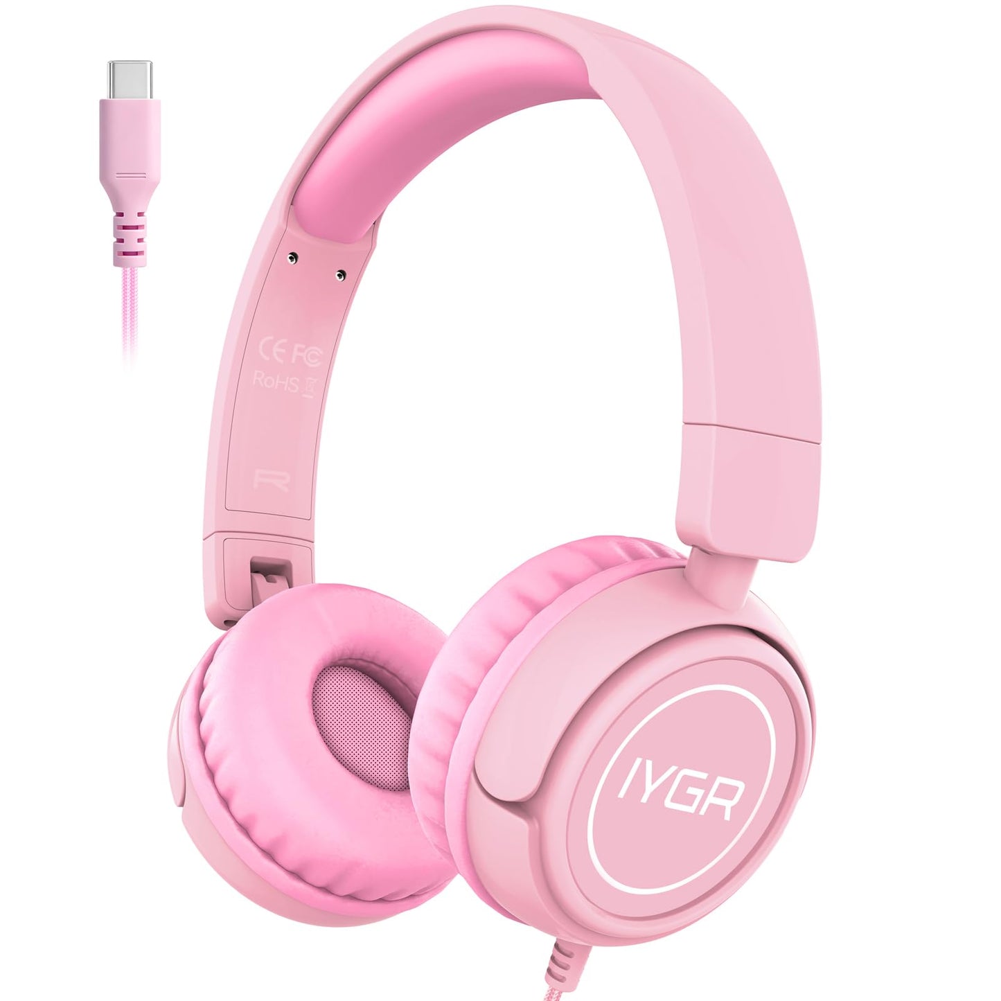 IYGR K6C Kids Headphones with USB-C, for Toddler & Kids Ages 2-12, 85dB Safe Volume Limited, Adjustable Headband & Foldable Wired, On-Ear Headphones