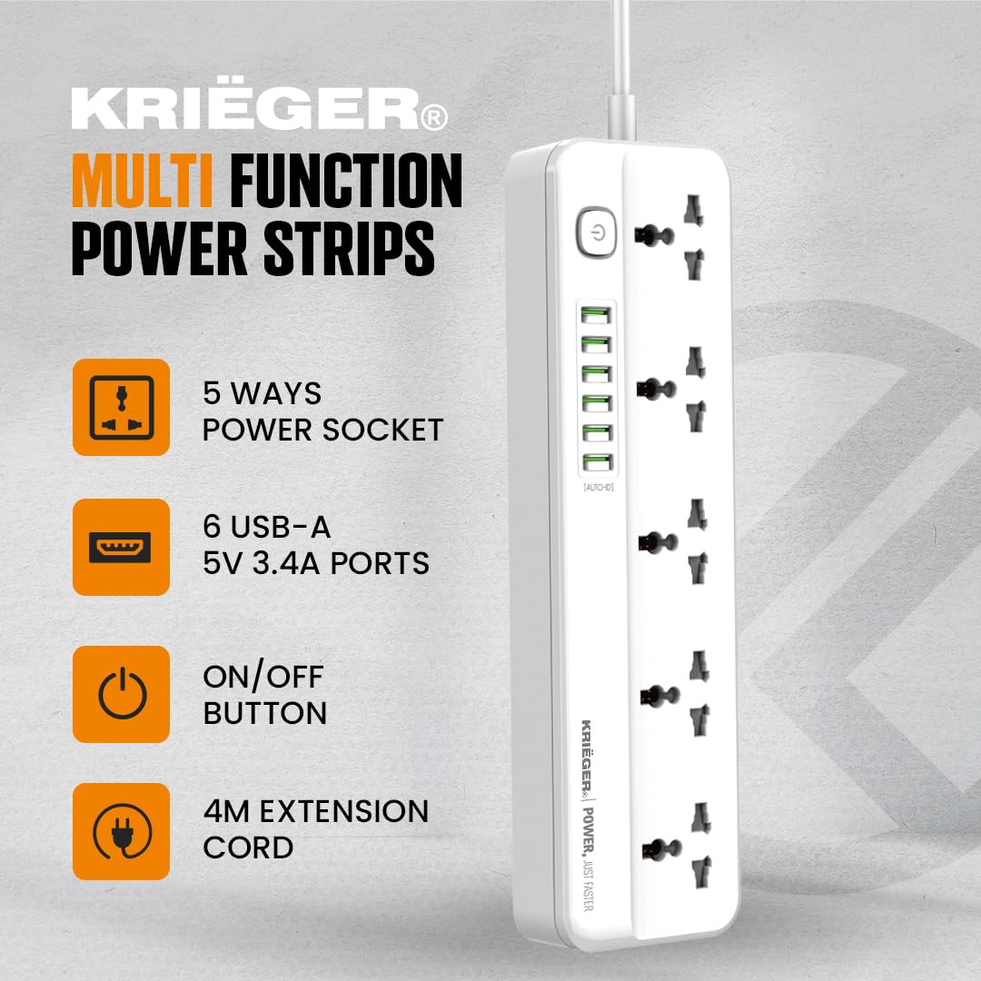 K KRIËGER Universal Power Strip Surge Protector, 5 Outlets, 6 USB Ports, Child Saftey Latch, On/Off Power Button, 2M Extension Cord, Flat Plug