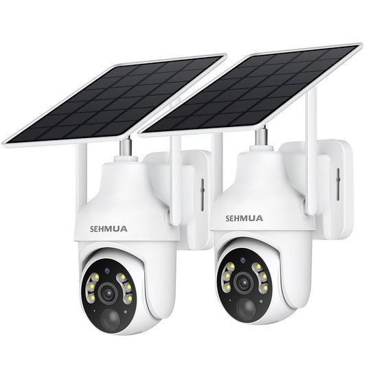 SEHMUA 2K Solar Security Cameras Wireless Outdoor, 2 Pack 360° View Pan/Tilt WiFi Security Camera Outside with Color Night Vision,Easy to Install, PIR