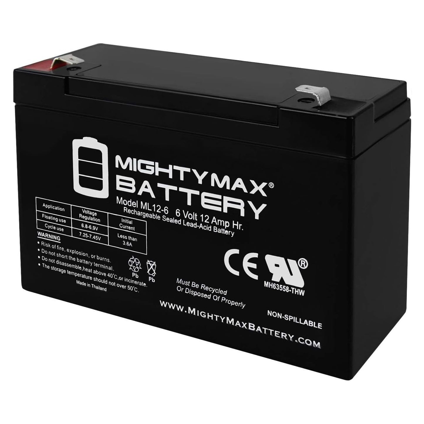 Mighty Max Battery ML12-6F2-6 Volt 12 AH, F2 Terminal, Rechargeable SLA AGM Battery