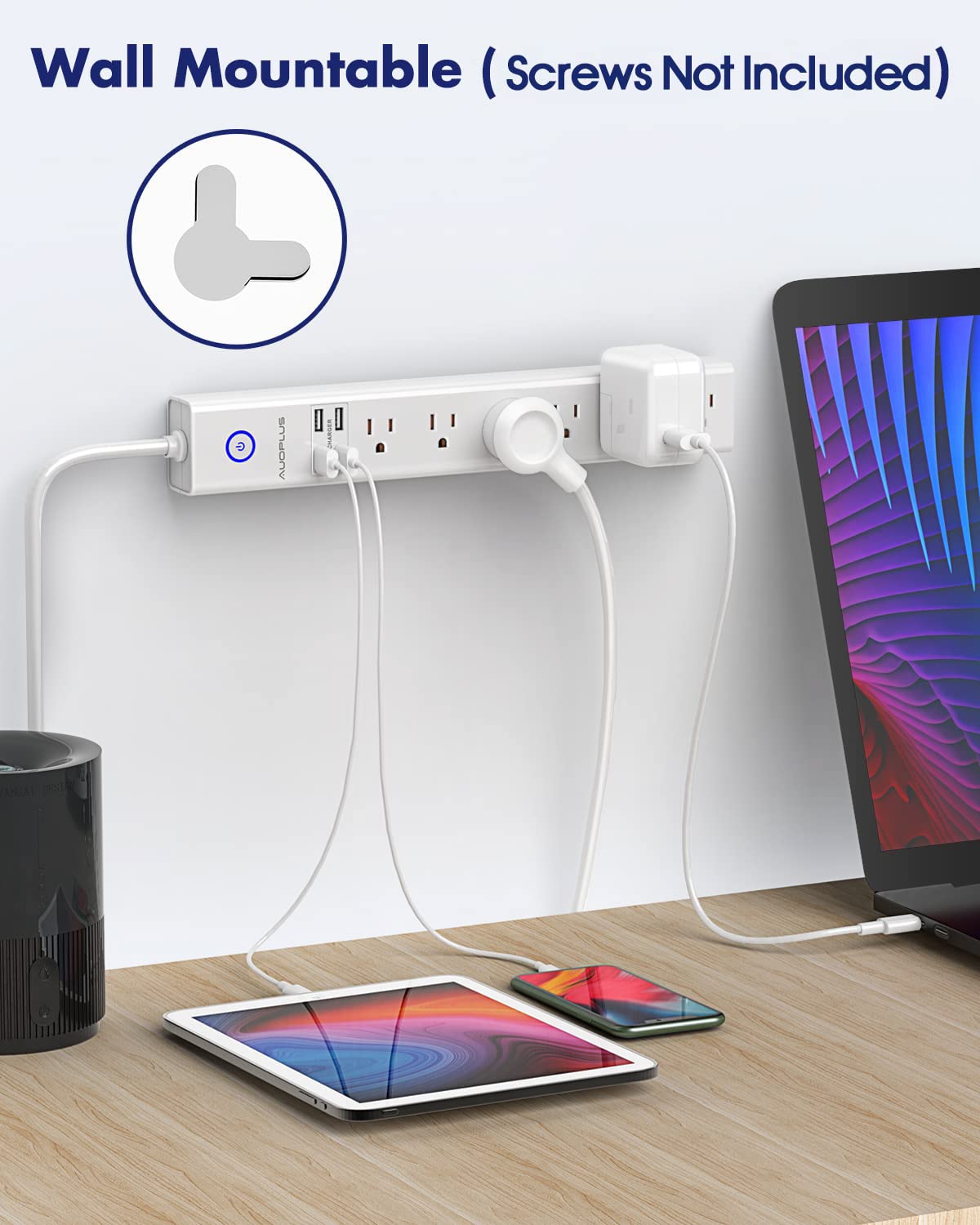 Power Strip 10Ft - Surge Protector with USB, AUOPLUS 6 Outlet and 4 USB Charger, 10Ft Long Extension Cord Flat Plug(1250W/10A/2100J), Wall Mountable