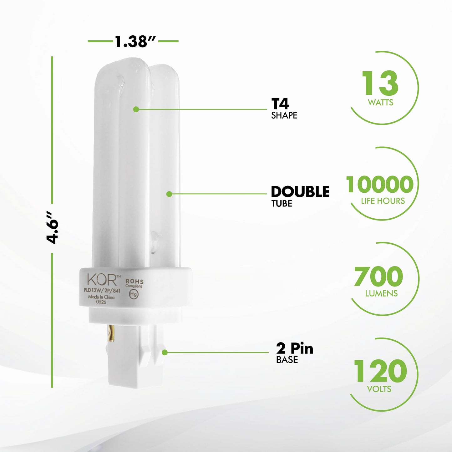 KOR 4-Pack 13W Double Tube CFL Light Bulbs, GX23-2 2-Pin Base, 4100K