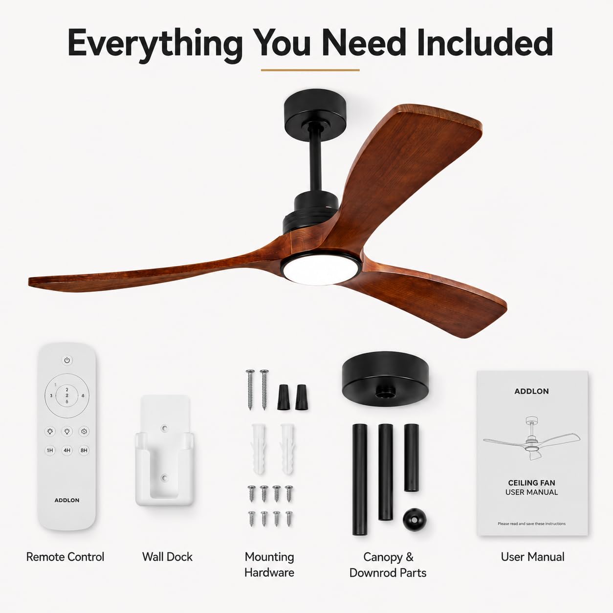 JC Sunjoy Ceiling Fan with Lights, 52 Inch Solid Wood 3 Blade Fan with Remote, Dimmable 3 CCT LED, Timer, 6 Speed Reversible DC Motor for Bedroom