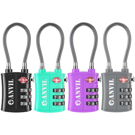 ANVIL TSA Approved Cable Luggage Locks – 3-Digit Combination Travel Padlocks with Zinc Alloy Body for Suitcases, Backpacks & Gun Cases (4 Colors)