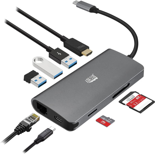 Adesso USB C Docking Station Multiport Adapter Type C Hub HDMI Support 4K, RJ45 Ethernet Port, 100W PD Charging, 3*USB, SD/TF Card Reader (TAA
