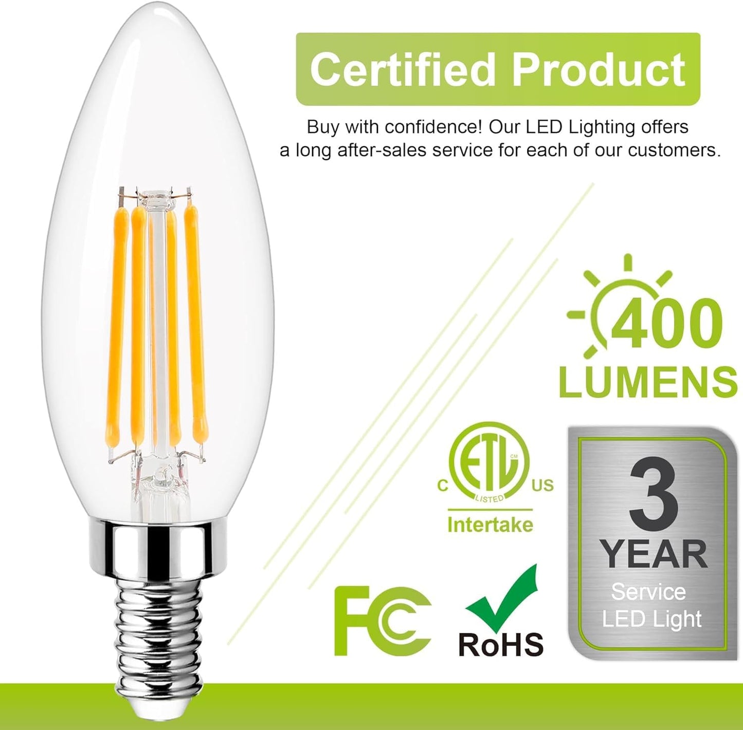 GOLSPARK E12 LED Bulb Dimmable, Candelabra LED Bulb 40W Equivalent, 3000K Warm White, B11 B10 Type B LED Light Bulbs 4W, 400LM, CRI 85+, Clear