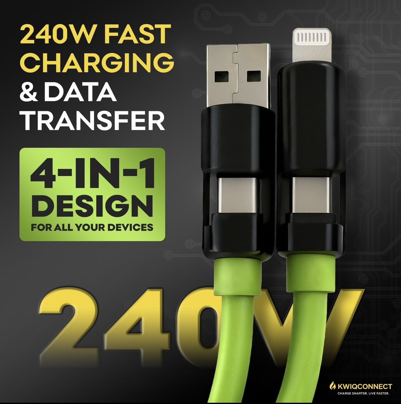 Kwiq Connect USB-C Cable 240W Fast Charging 4 in 1 Charging Cable 4FT, Chubby USB A/C to C/with Light for iPhone 16e 16 15 14 Pro/MacBook/iPad/Samsung