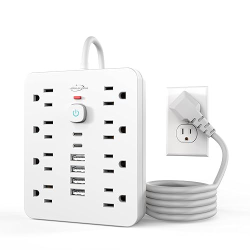 JouleLoom Power Strip Surge Protector with 8 Outlets, 4 USB and 2 USB C Ports, 5 Ft Extension Cord, Flat Plug, Wall Mount, Overload Protection Desk
