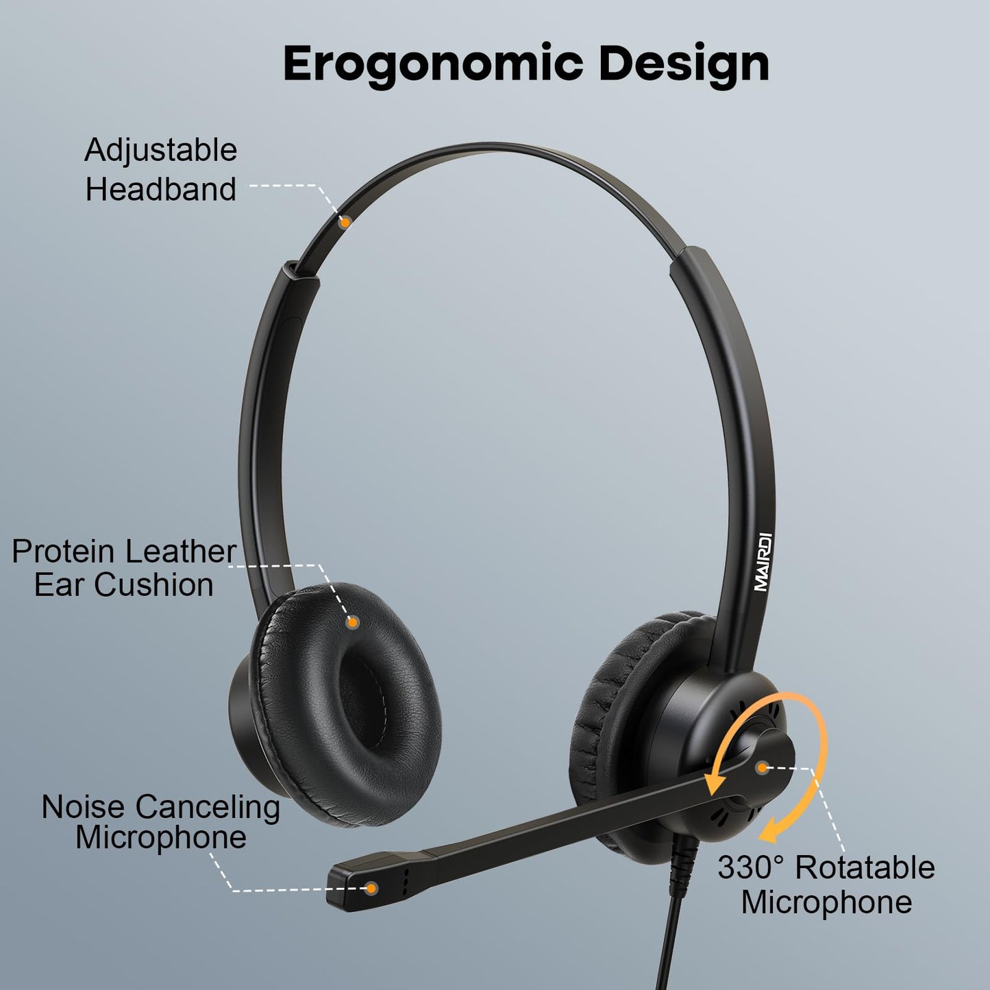 MAIRDI Phone Headset with 2.5mm & 3.5mm Connector for Deskphone Cell Phone PC Laptop, Mono Call Center Office Headset with Noise Cancelling Microphone