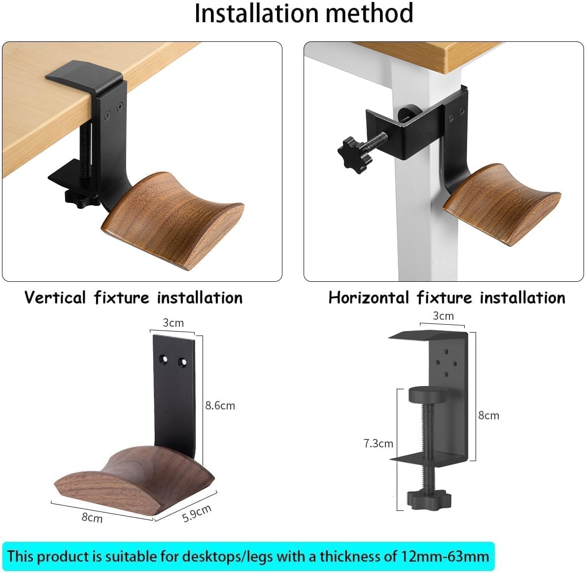 Jcurycke Headphone Holder with 6cm Wide Walnut Headrest,Adjustable Clamp-on Headset Stand Desk Headset Holder for Over Ear and Gaming