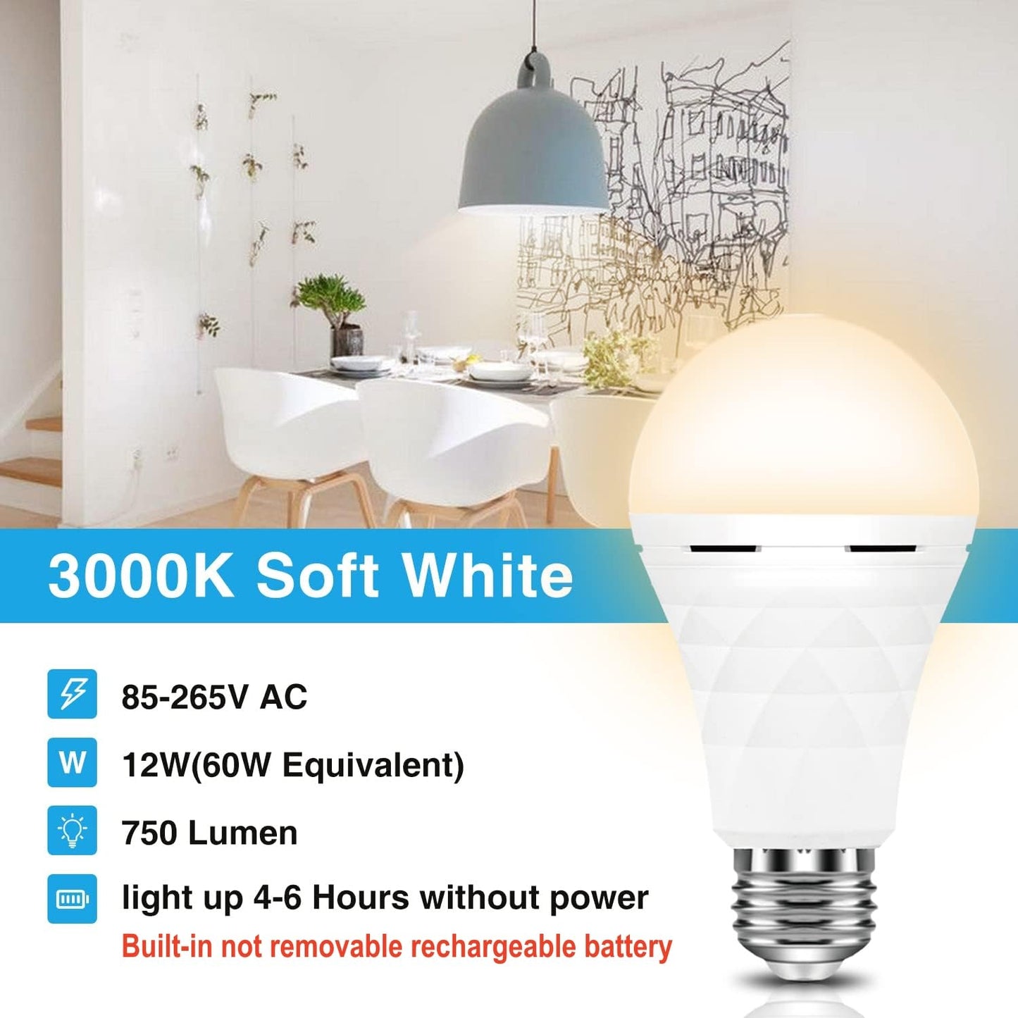 Neporal A19 Rechargeable Light Bulbs, Socket Rechargeable Emergency Light Bulb for Power Failure, Battery Backup Bulbs for Home, Hurricane, Led Bulb