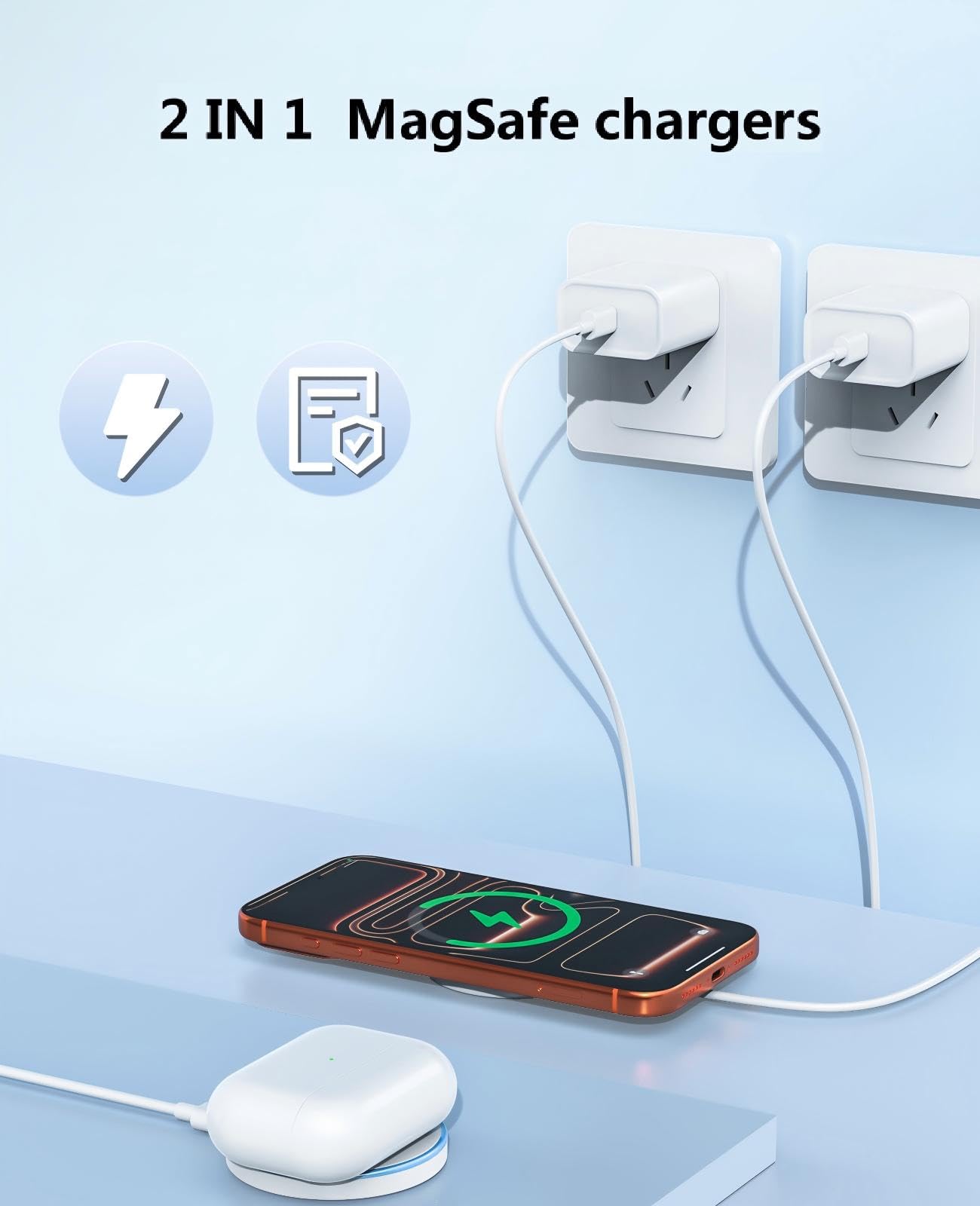 Magnetic Wireless Charger 15W Fast Charging Pad USB-C to A Adapter for iPhone 17/16/15/14/13/12 Series & AirPods Pro 3/2 2 Pack