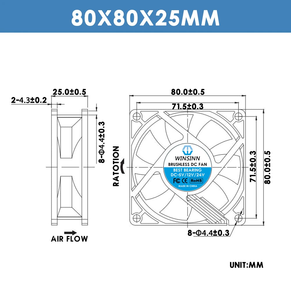 WINSINN DC 80mm Fan 24V 8025 Dual Ball Bearing Brushless Cooling 80mmx25mm 2PIN (Pack of 2Pcs)