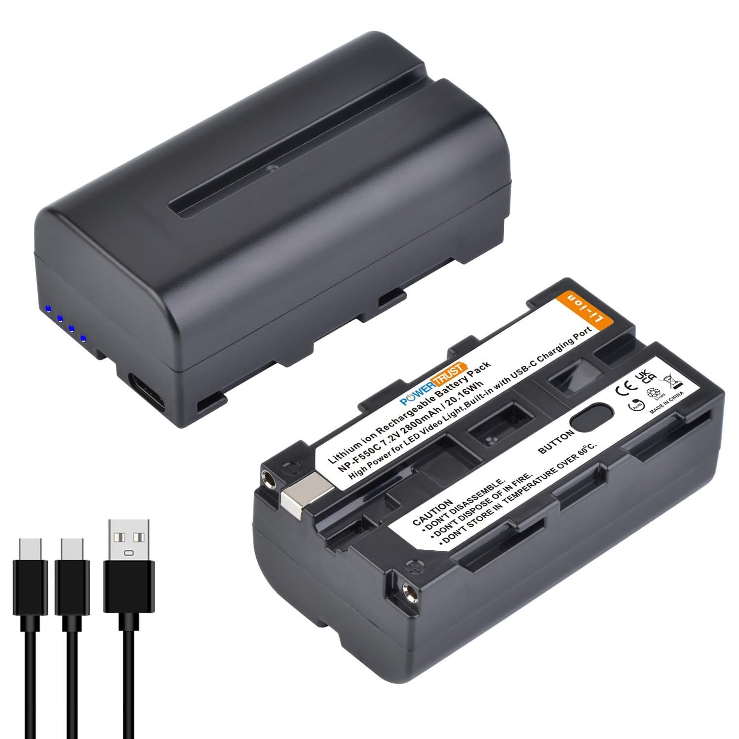 PowerTrust 2Pcs 2800mAh NP-F550 USB-C Charging Battery for NP F550 F570 F750 F770 F950 F960 F970 Batteries with Type-C Charging Port, Compatible
