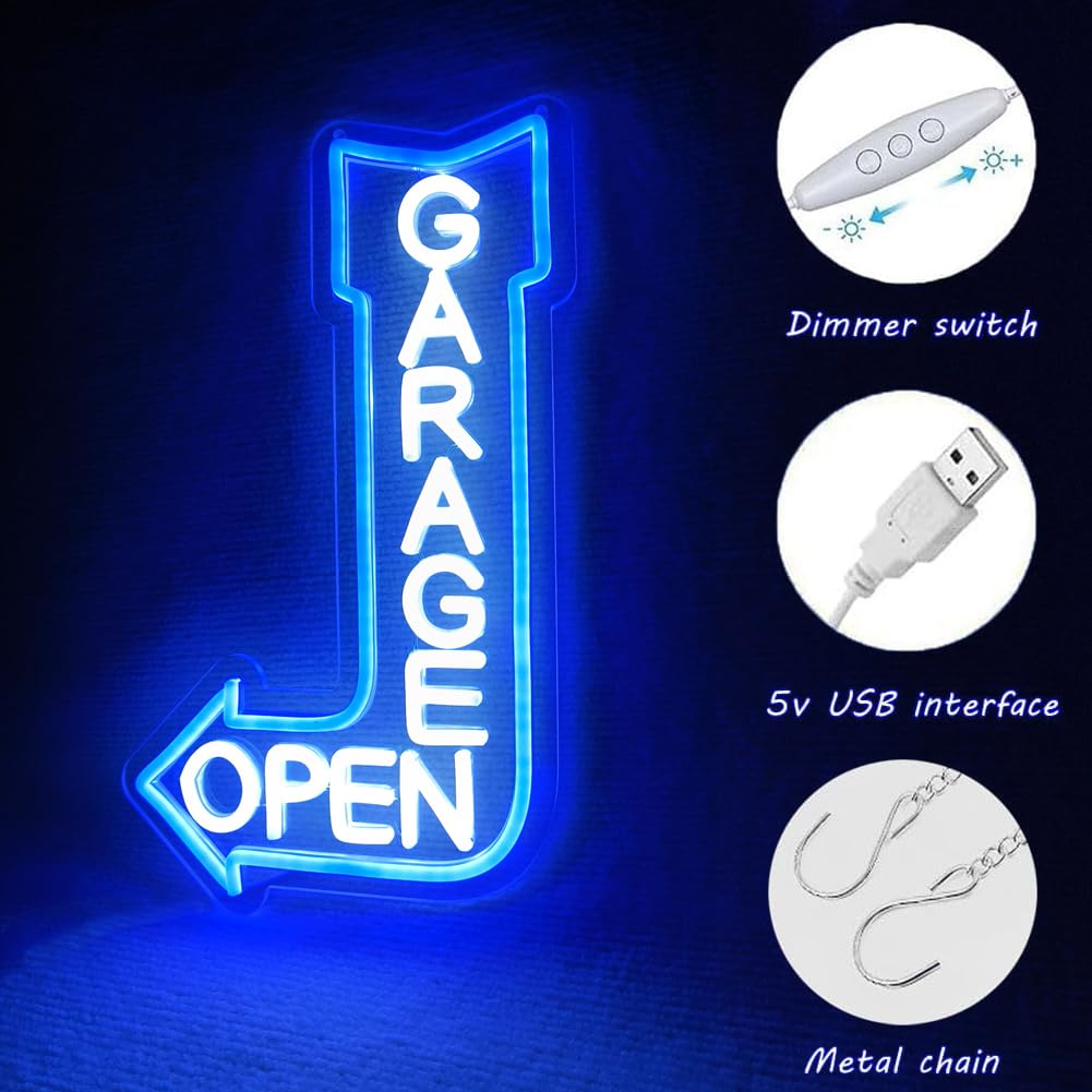 Garage Open Arrow Neon Sign,Car Signs neon Light for Man Cave Auto Repair Shop Workshop Birthday Father Gift Decor (blue+left)