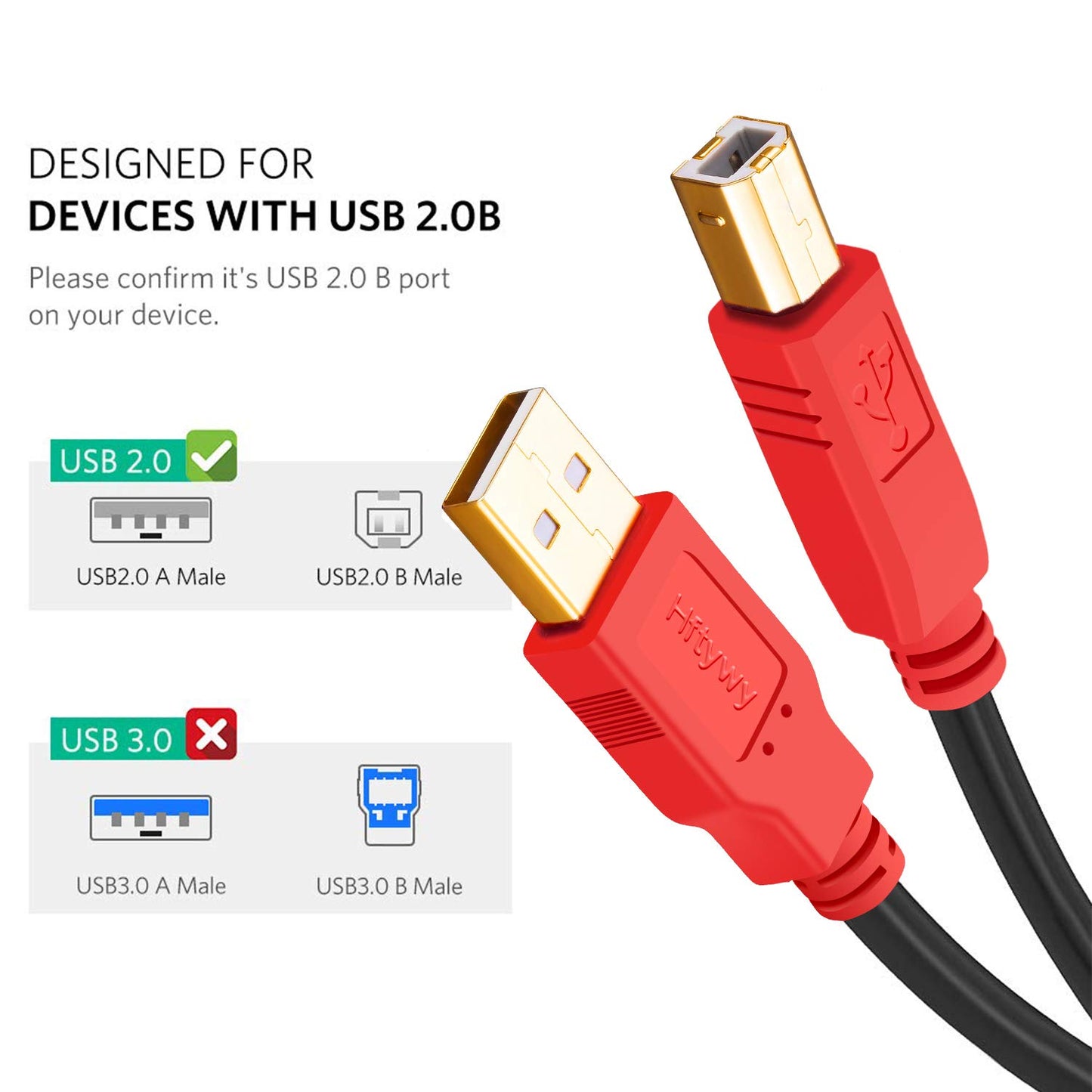 Printer Cable, 30FT Type A-Male to B-Male Cable Compatible with HP, Canon, Epson, Dell, Brother, Lexmark, Xerox, Samsung etc