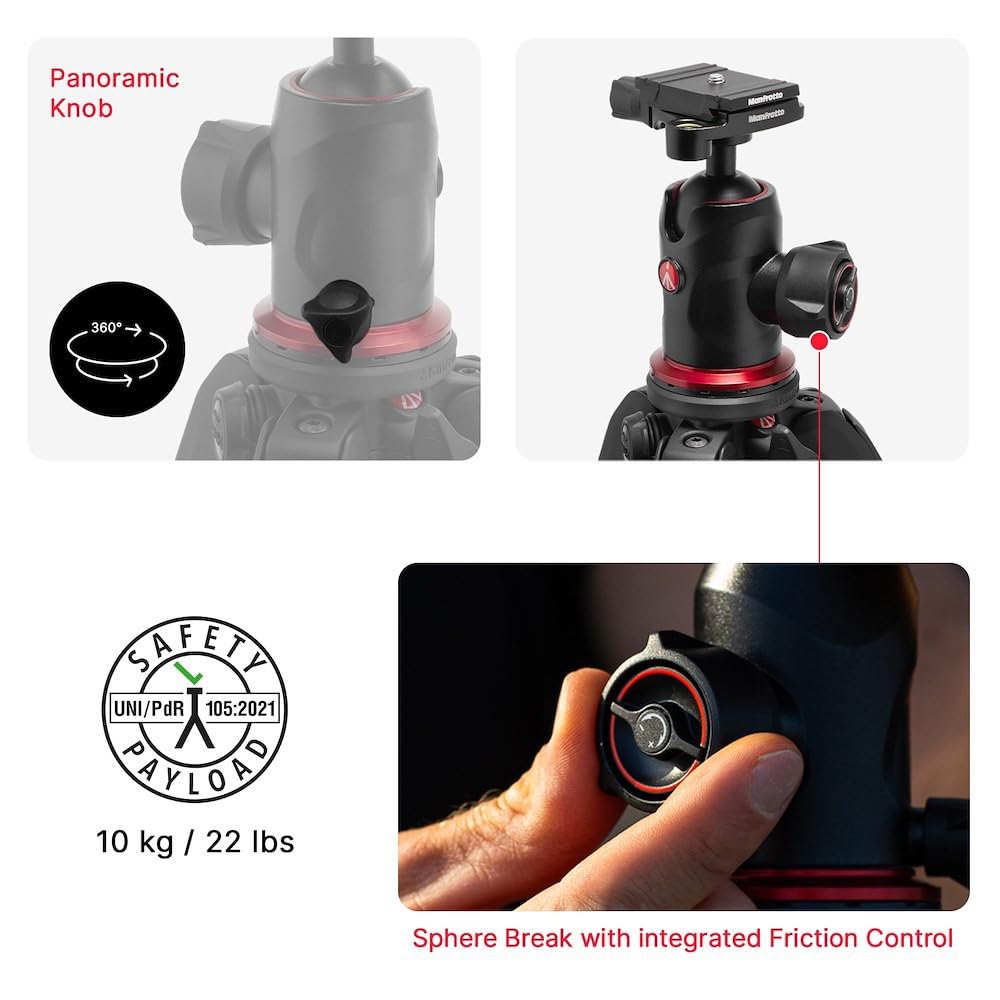 Manfrotto 190X AS, 3-Section Aluminum Camera Tripod, Photo-Kit with Ball Head, Ground Level, Arca-Swiss Plate, Quick Power Lever Lock, 22lbs Payload