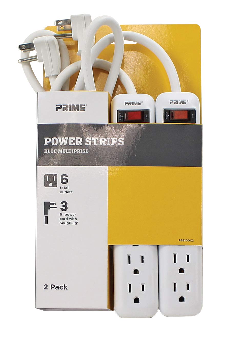 Prime Wire & Cable PB8100X2 6-Outlet Power Strip with Right Angle Plug and 14-3 SJT 3-Feet Cord, 2-Pack,White