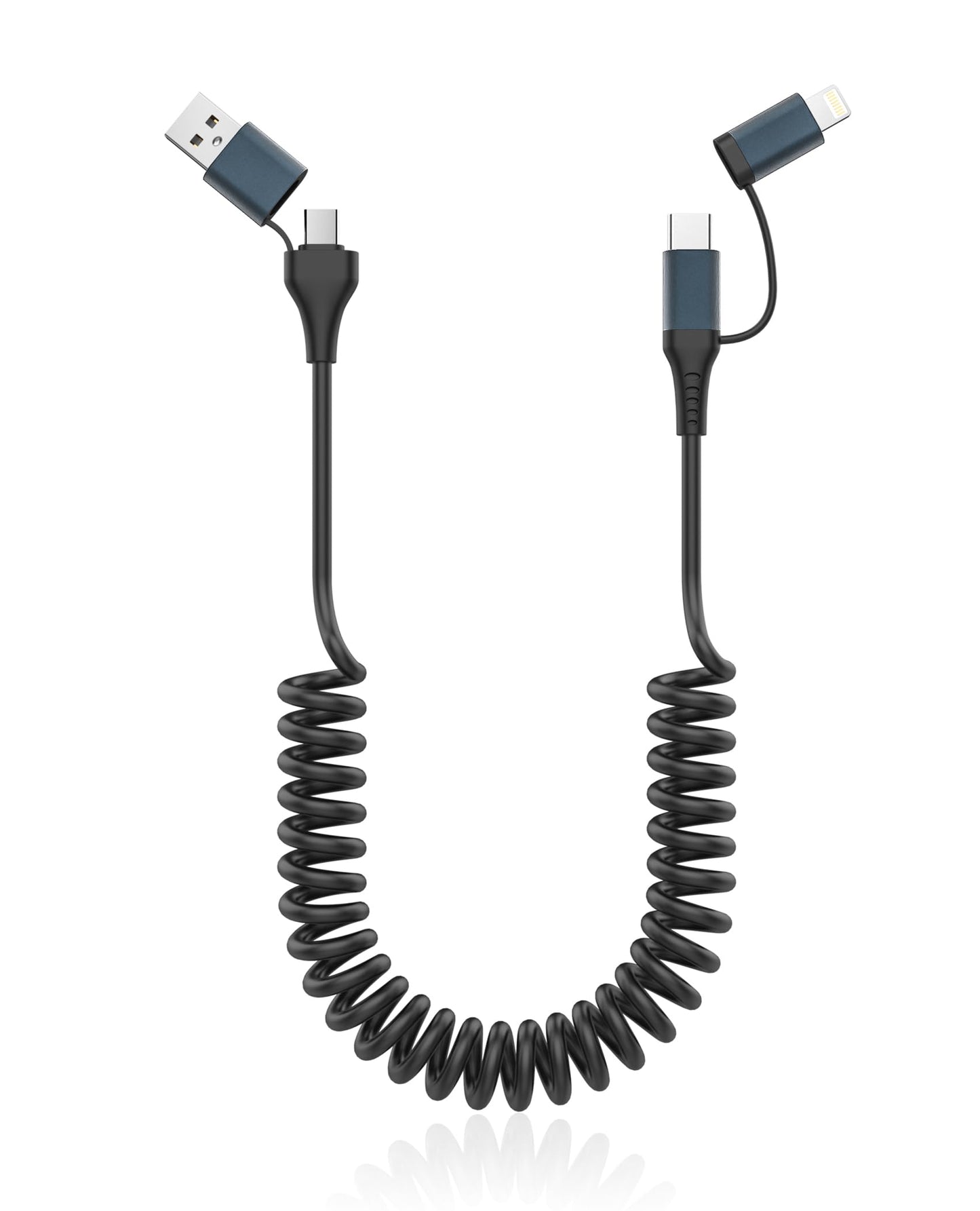 Coiled USB-C and Lightning Cable 2-in-1 with Dual Port (USB-C/USB-A) - 4ft Retractable Car Charger Cord for iPhone Android, Apple CarPlay & Auto…