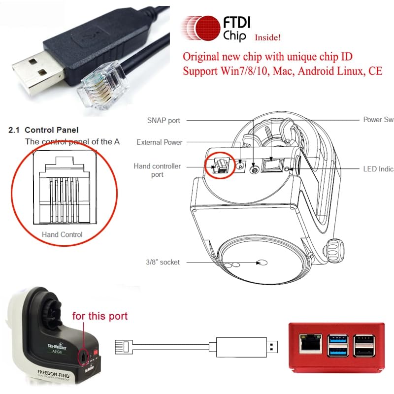 Washinglee RJ12 Control Cable for Skywatcher AZ-GTI and AZ-GTE, for Computerized Alt-Az Tracking Mount (6 FT / 1.8M)