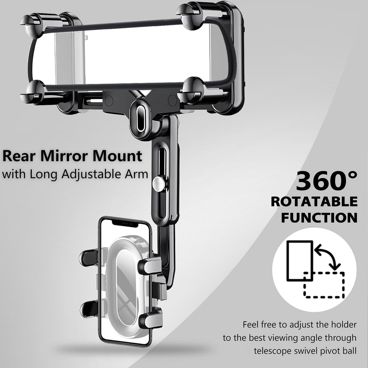 ILKCC Rearview Mirror Phone Holder for Car, 360° Rotating and Retractable Multifunctional Rear View Phone Mount, Upgraded Four Corners Fixed