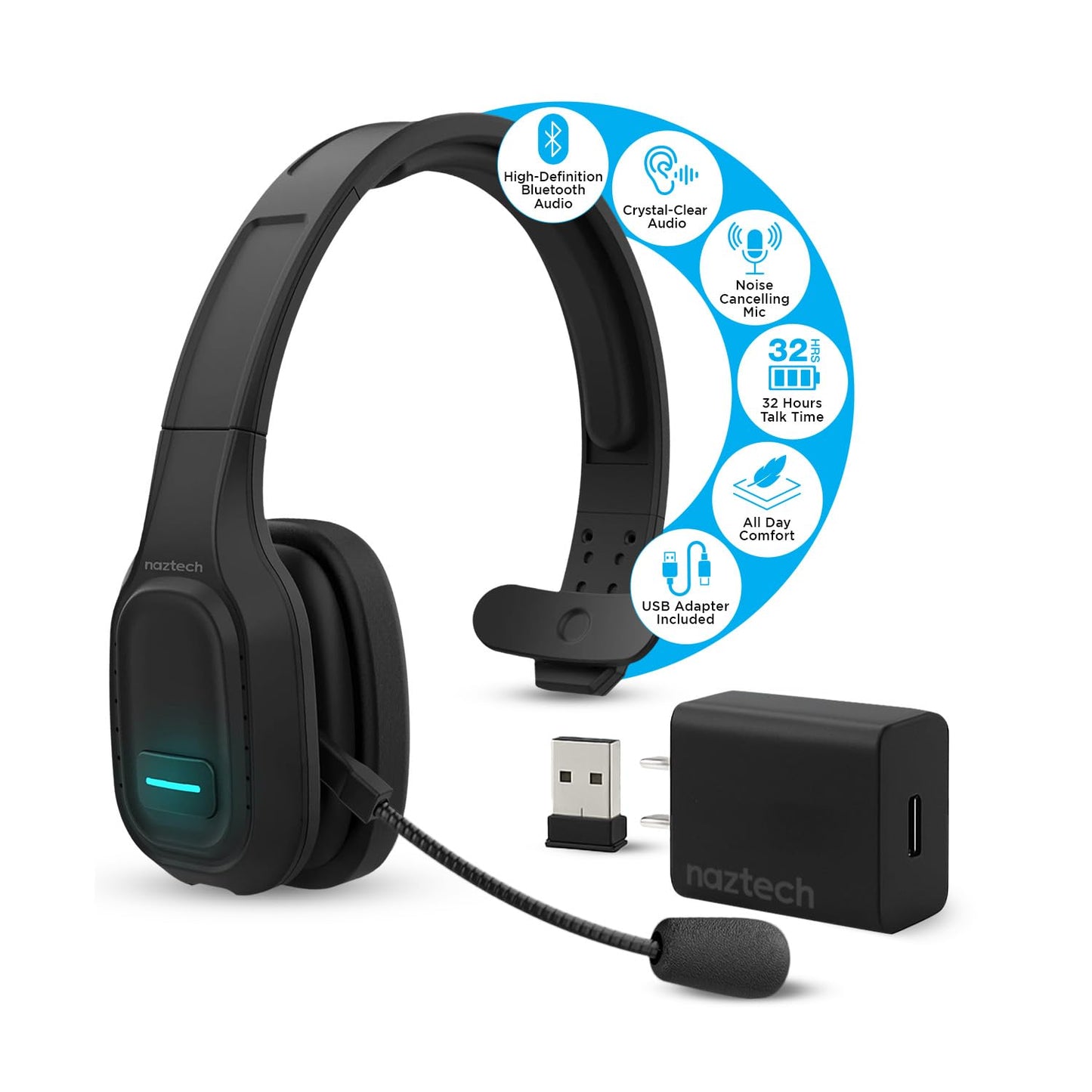 Naztech Trucker Bluetooth Headset with Microphone - Noise Canceling, Adjustable Headband Trucker Headset Bluetooth Wireless, Truck Driver Head Sets…