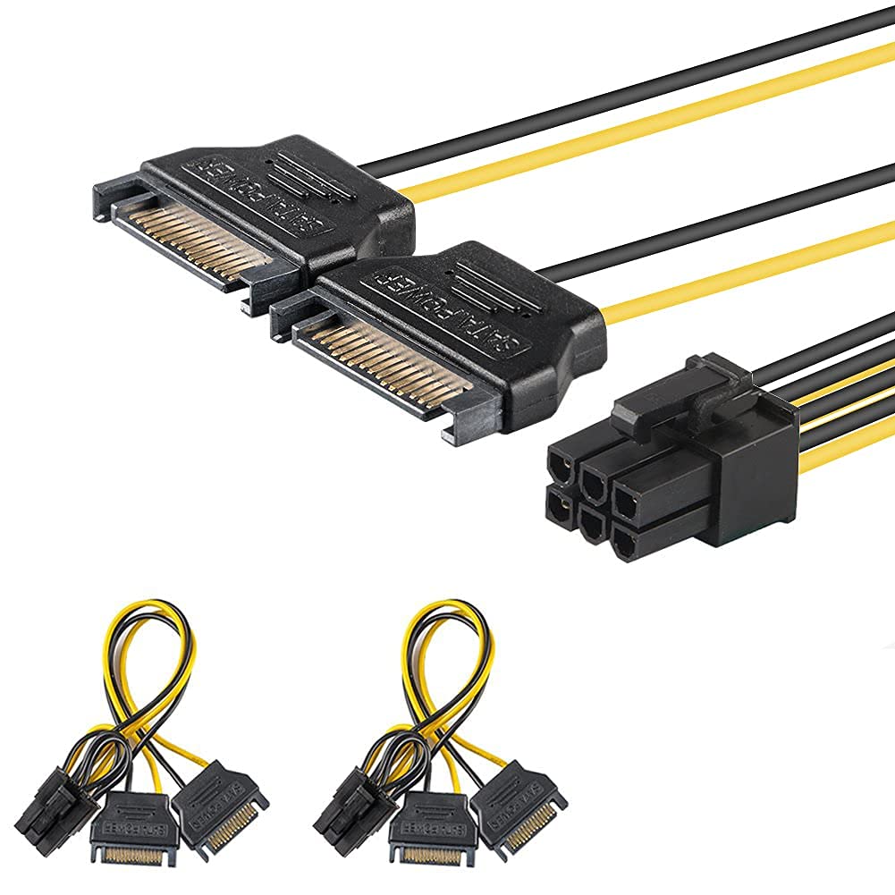 J&D 6 Pin PCIe to Dual SATA Power Cable, 2X SATA to 6 Pin PCIe Express Graphics Video Card Power Cable Adapter (2 Pack), 8 Inch