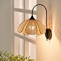 Bofea-Boho Rattan Wall Sconce Black Hard-Wired Wall Lamp,Handmade Creative Rattan Flower Petal Sconces,Farmhouse Living Room Indoor Lighting,Vintage