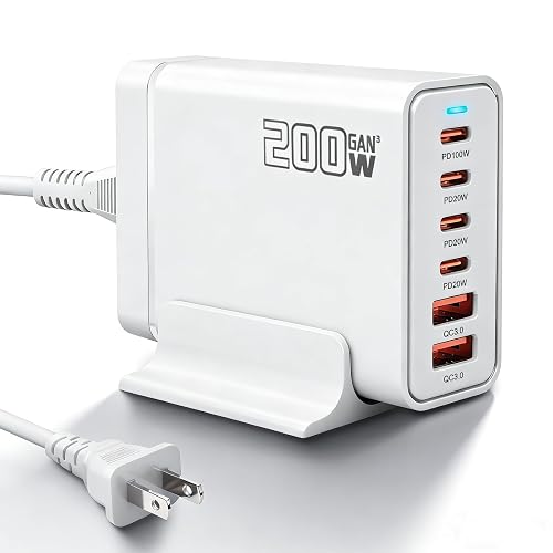 Cecosy 200W USB C Fast Charger, GaN ? PD 100W Charging Station, Upgraded 6-Port USB-C Fast Charging, Adapter for iPad iPhone 17 16 15 14 12, MacBook