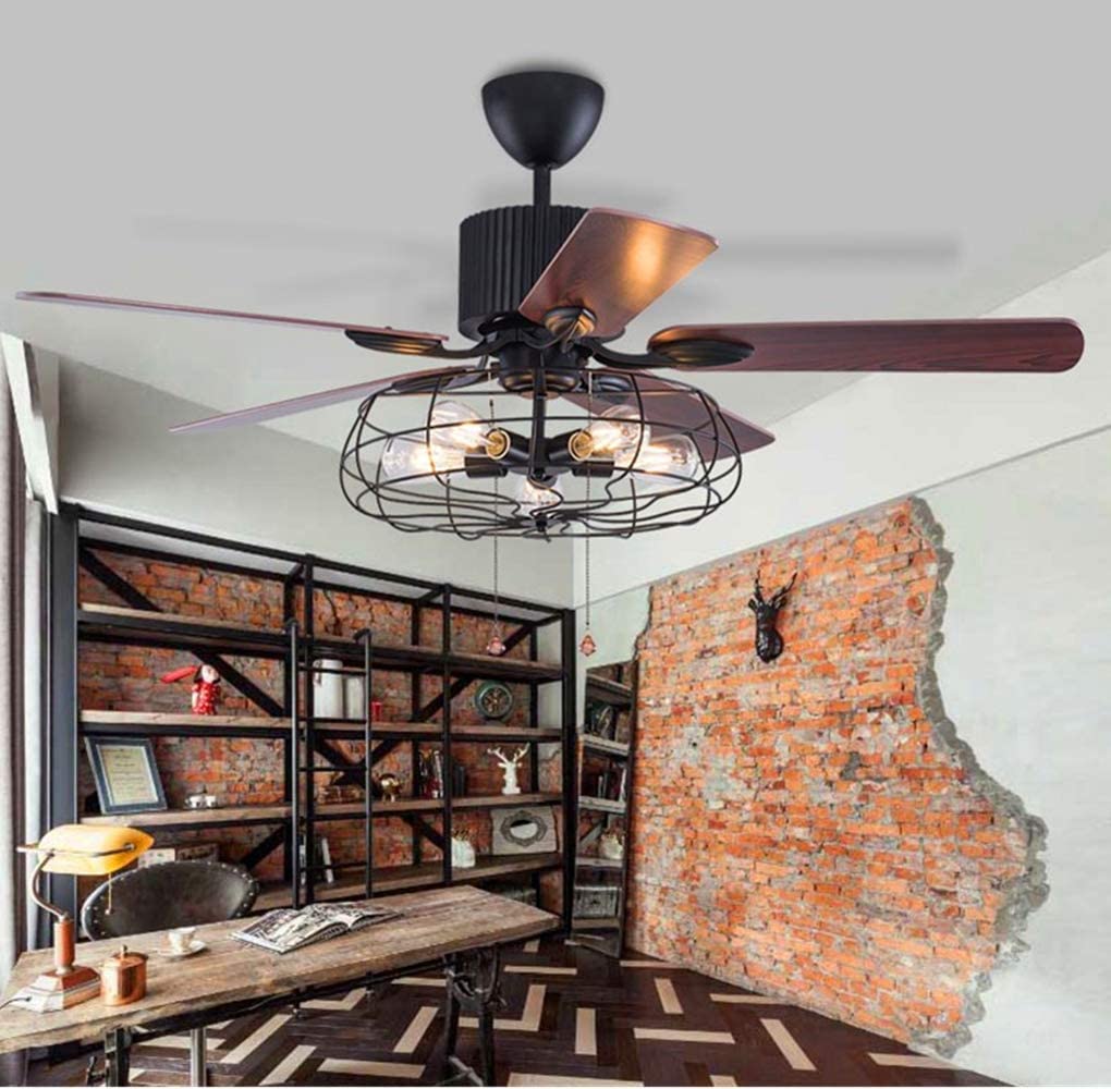 efperfect 52Inch Industrial Ceiling Fan with Light, Vintage Metal Cage Ceiling Fans Reversible Retro 5 Wood Blades Remote 3 Speeds Timer Light Fixture