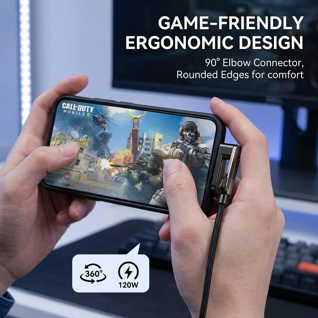 120W USB-C Fast Charging Adapter with Foldable Phone Stand, 2-Pack, 2-in-1 90° Elbow Connector for Gaming & Streaming, 360° Rotating Phone Holder