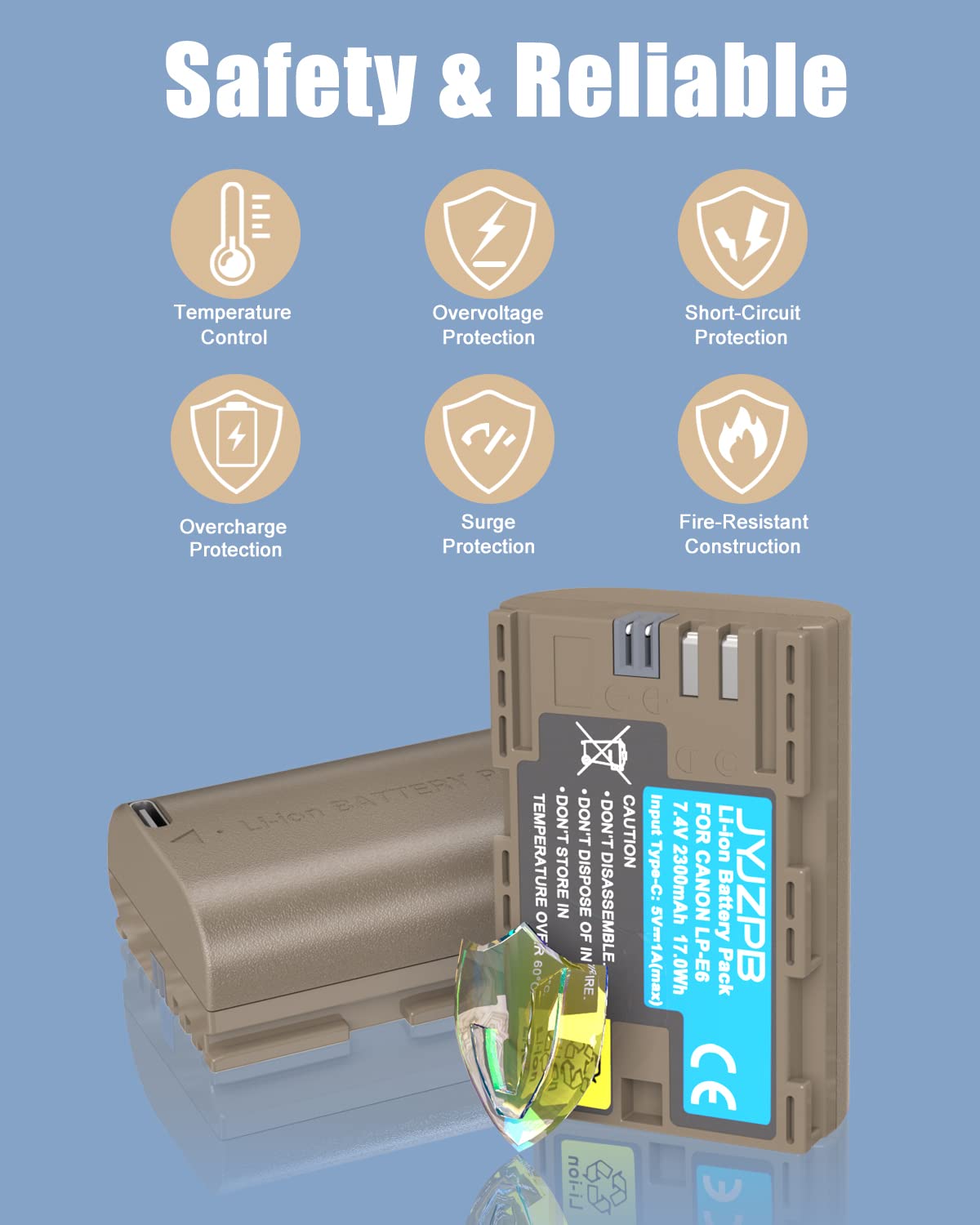 JYJZPB LP-E6N LP-E6 Replacement Battery with Type-C Port Compatible for Canon 60D, 70D, 80D, 90D, EOS 5D Mark II/III/IV, EOS 5DS, 5DS, 6D, 7D, 7D Mark