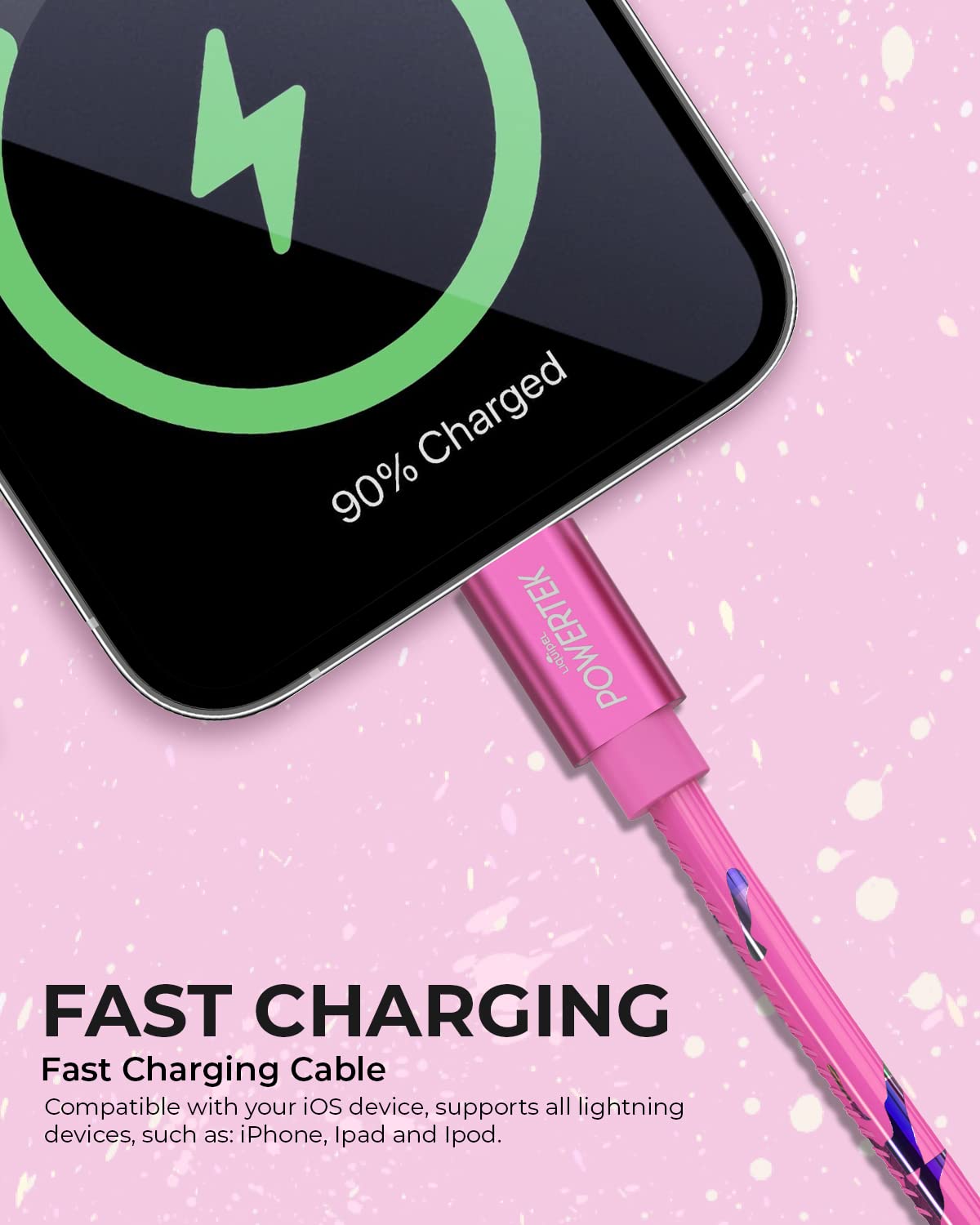LIQUIPEL Powertek USB C to Lightning iPhone Charger Cable [MFI Certified], Fast Charging 6ft Cord, Neon Party (Pink)