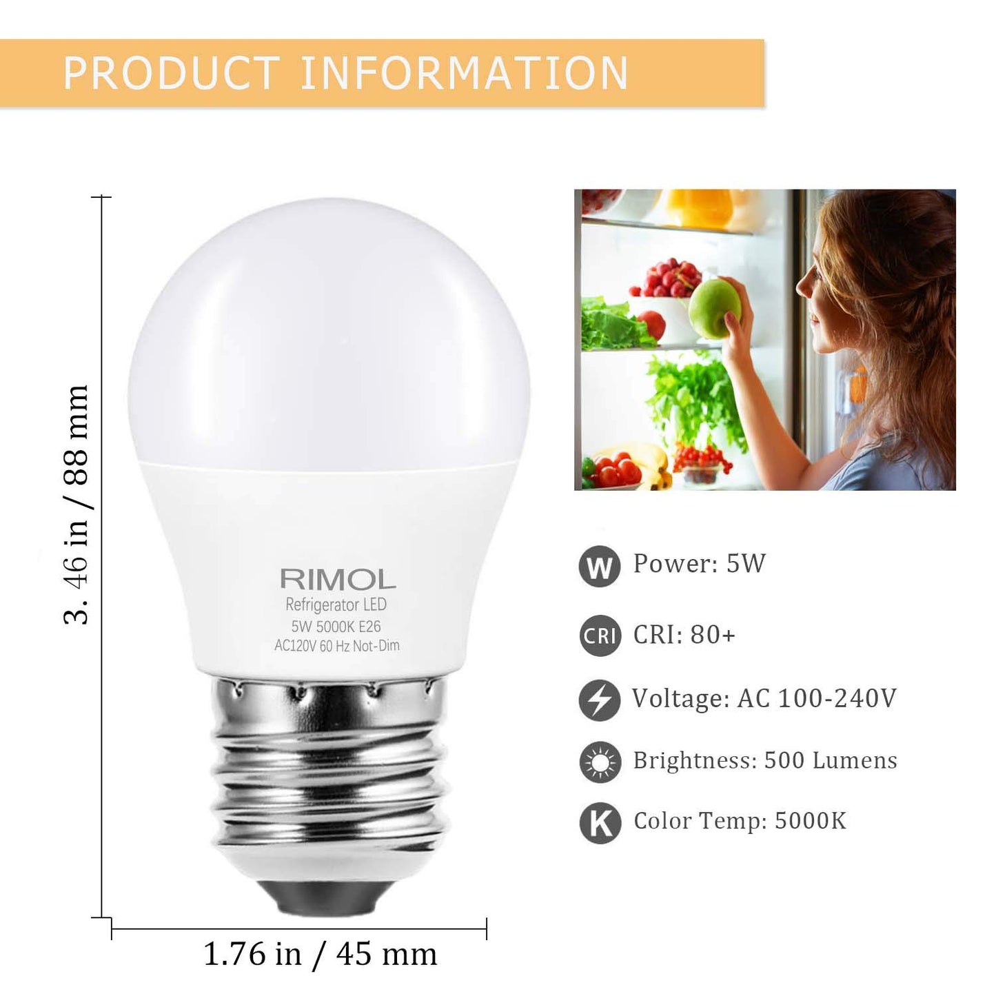 RIMOL Refrigerator Light Bulb, 40W Equivalent 120V A15 LED Fridge Bulbs 5 Watt Daylight White 5000K E26 Medium Base, Energy Saving Freezer Ceiling