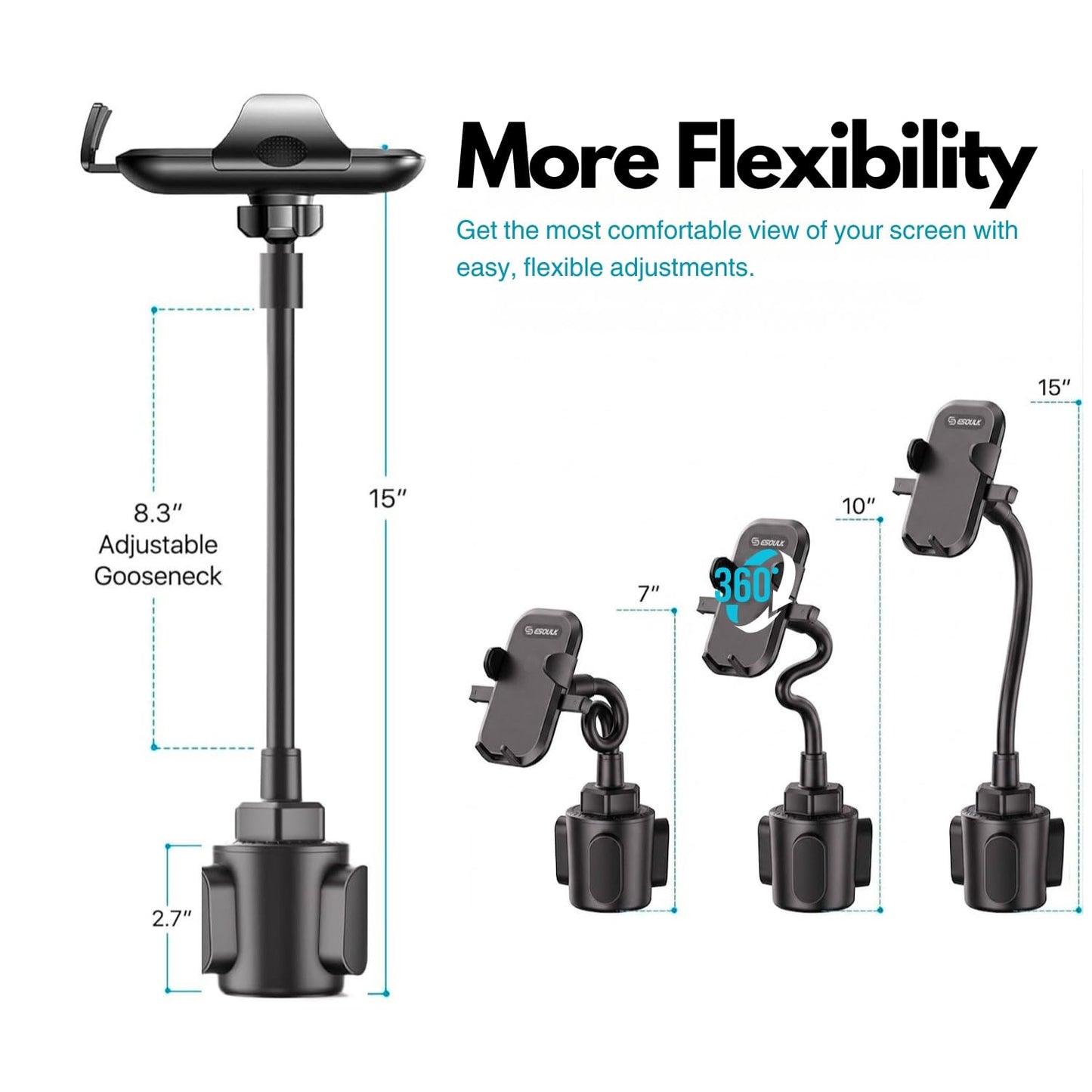 Esoulk] Upgraded 15" Cup Holder Phone Holder for Car, Adjustable Long Gooseneck Phone Mount with Stable Expandable Base for iPhone 17/16/15/14 Pro