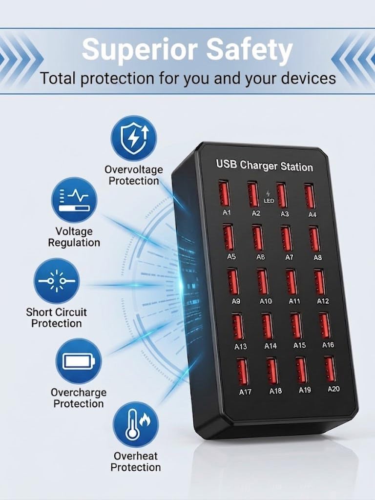 20 Port USB Charging Station, 100W (20A) Multifunctional Smart Charger, USB A Charging Block, Multiple Device Chargers, Compatible
