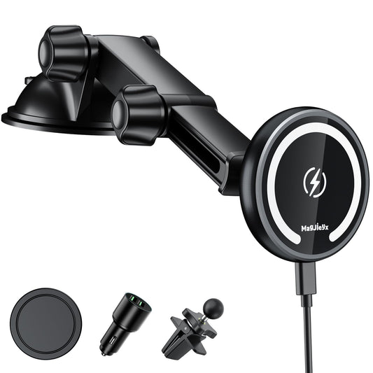 MAGJIEYX for Magnetic Magsafe Car Mount Charger, Wireless Car Charger with QC3.0 Adapter(38W Max) Phone Holder Fits iPhone17/16/15/14/13Plus/MagSafe