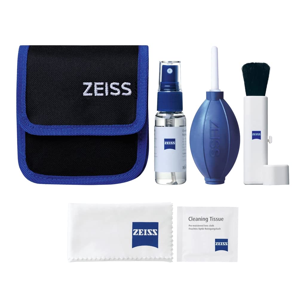 ZEISS Lens Cleaning Kit with 1 oz Bottle Lens Cleaning Fluid, 10 Moistened Wipes, Cleaning Brush, Air Blaster, Microfiber Cloth, and Case for Coated