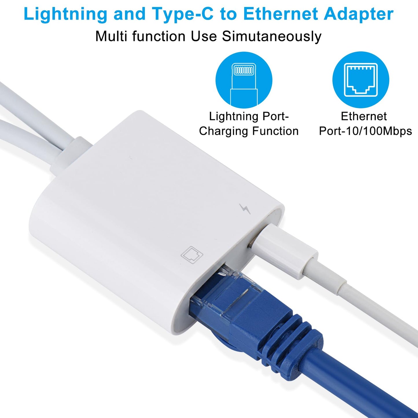 Lightning and USB C to Ethernet Adapter,2 in 1 RJ45 Ethernet LAN Network Adapter with Charge Port Compatible with iPhone/iPad/iPod/Samsung