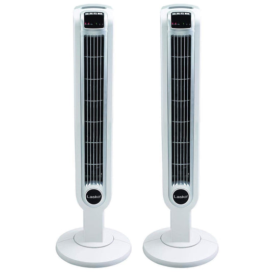 Lasko 36" 3 Speed Programmable Oscillation Tower Fan w/Remote, White (2 Pack)