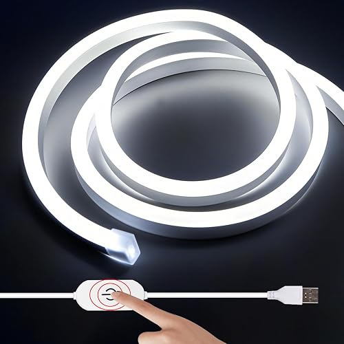 XINGZHI 6.56FT White Neon Light Strip, 5V USB White Led Strip Lights with Touch Controller, Flexible Neon Rope Light for Bedroom, Party, Home Decor