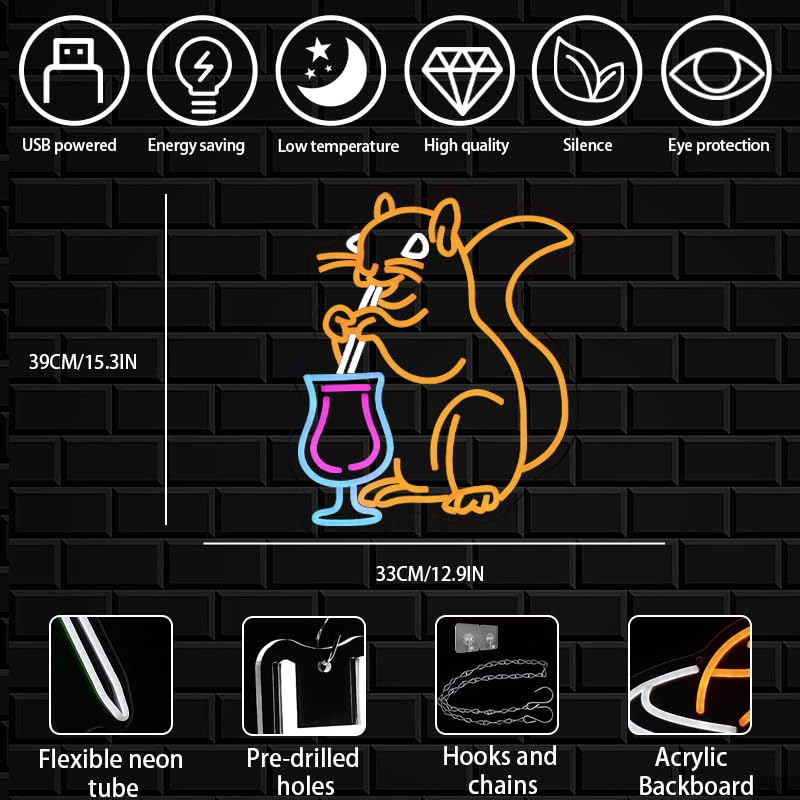 Squirrel Cocktail Neon Sign for Wall Decor Orange Squirrel Neon Light Bar LED Signs Animal LED Light for Bedroom Man Cave Business Club Game Room