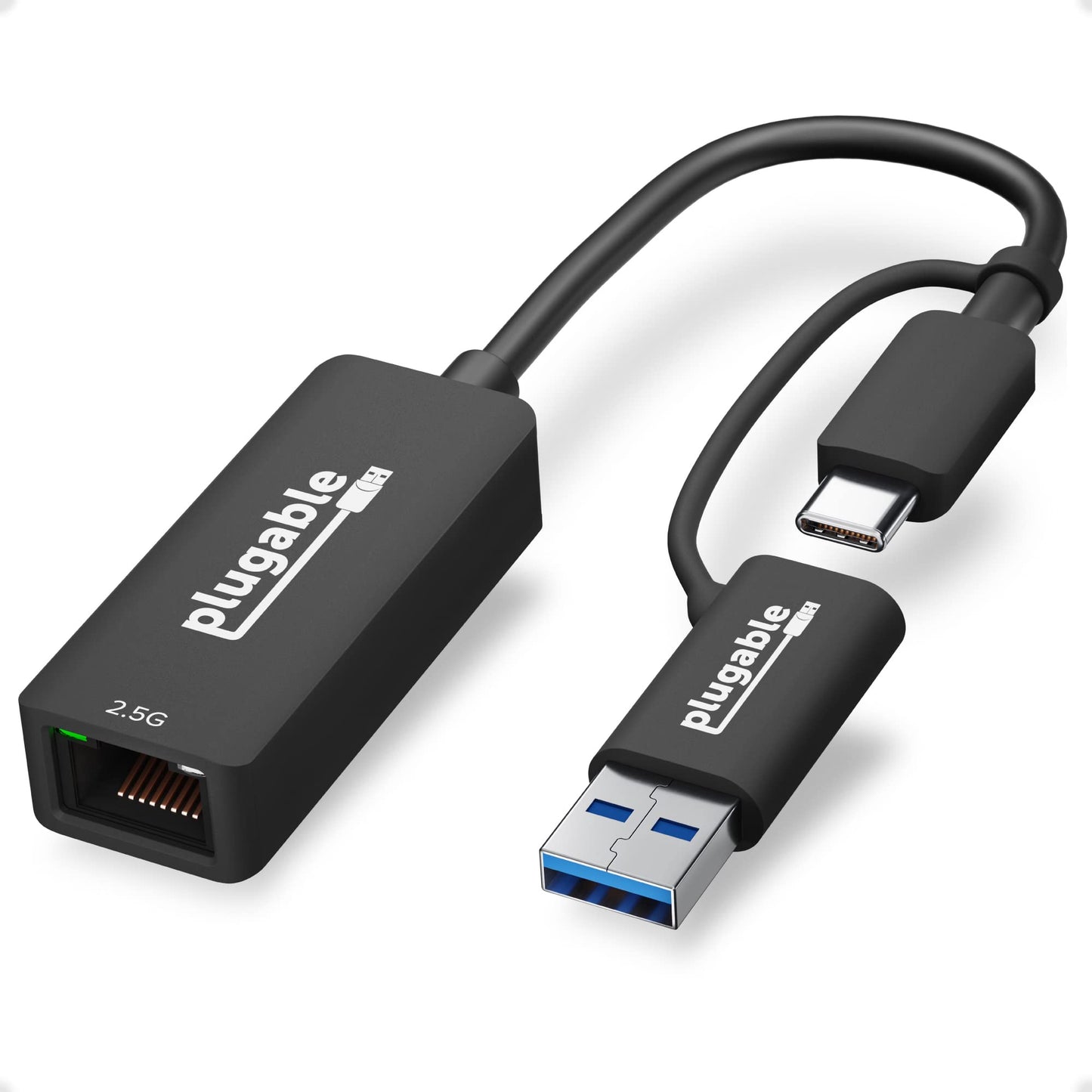 Plugable 2.5G USB-C and USB to Ethernet Adapter - Dual-Connector 2-in-1 USB-C to RJ45 2.5Gbps LAN, Compatible with Thunderbolt 5 & 4, USB4, USB 3.0