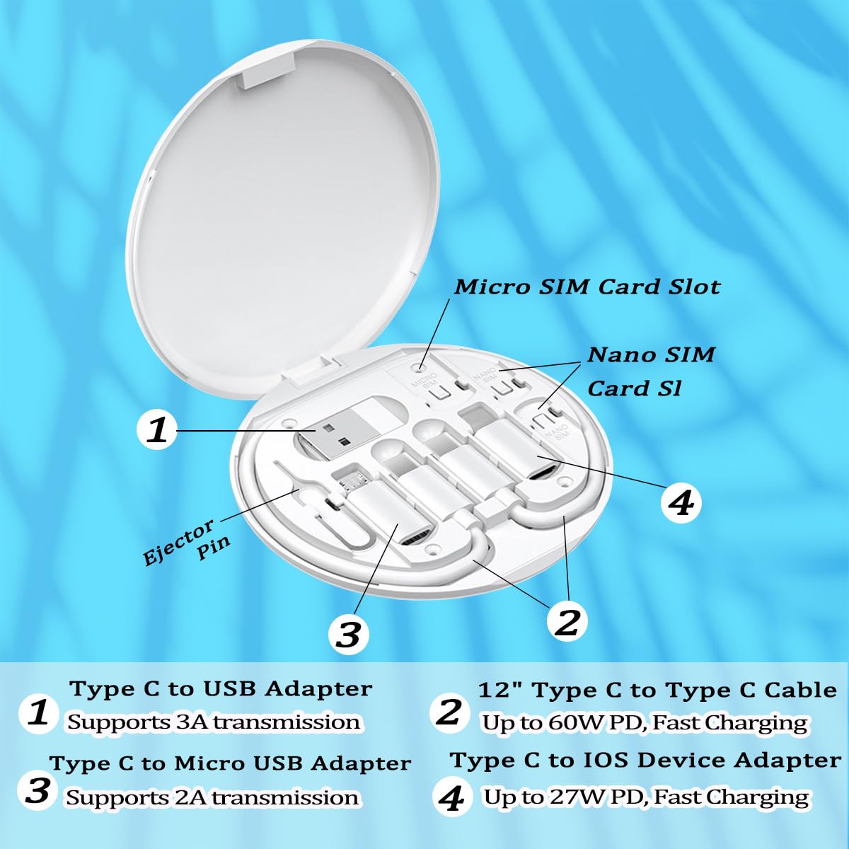 Multi USB Charging Adapter Cable Kit, USB C to iOS Device for Travel, Conversion Set USB A & Type C to Male Micro /Type C/iOS Device, Data Transfer