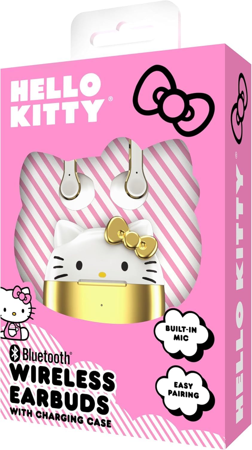 Hello Kitty Bluetooth Wireless Earbuds with Charging Case - Built-in Mic, Easy Pairing, Cute Design, Gold and White, Perfect for Kids, Teens Fans